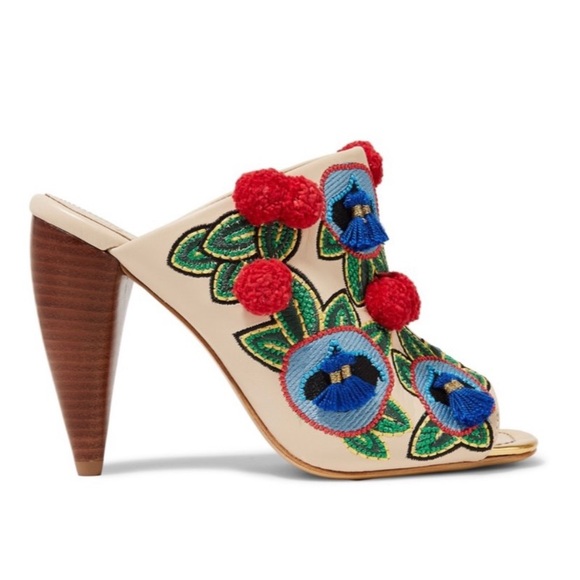 Tory Burch Ellis Embroidered Pom Pom Mules Heels - Picture 3 of 10